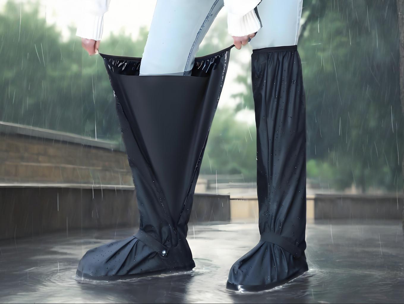 black long waterproof rain shoe covers for motorcycle scooter commuting reusable TPU overshoes